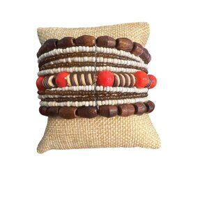 Vintage Memory Wire Cuff Bracelet Wood Ceramic Beads Brown Orange Boho Estate